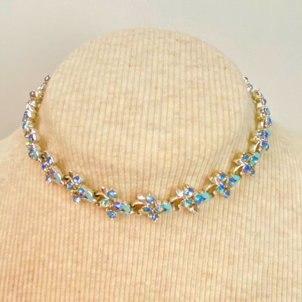 💎Longcraft Laguna Silver Tone Sky Blue Aurora Borealis Floral Necklace